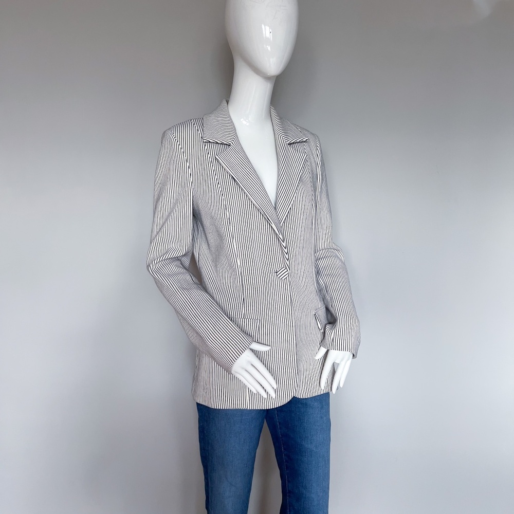 Waggon Paris Pin Stripe Blazer Stretch Jacket Ivory Blue Single Breasted Casual